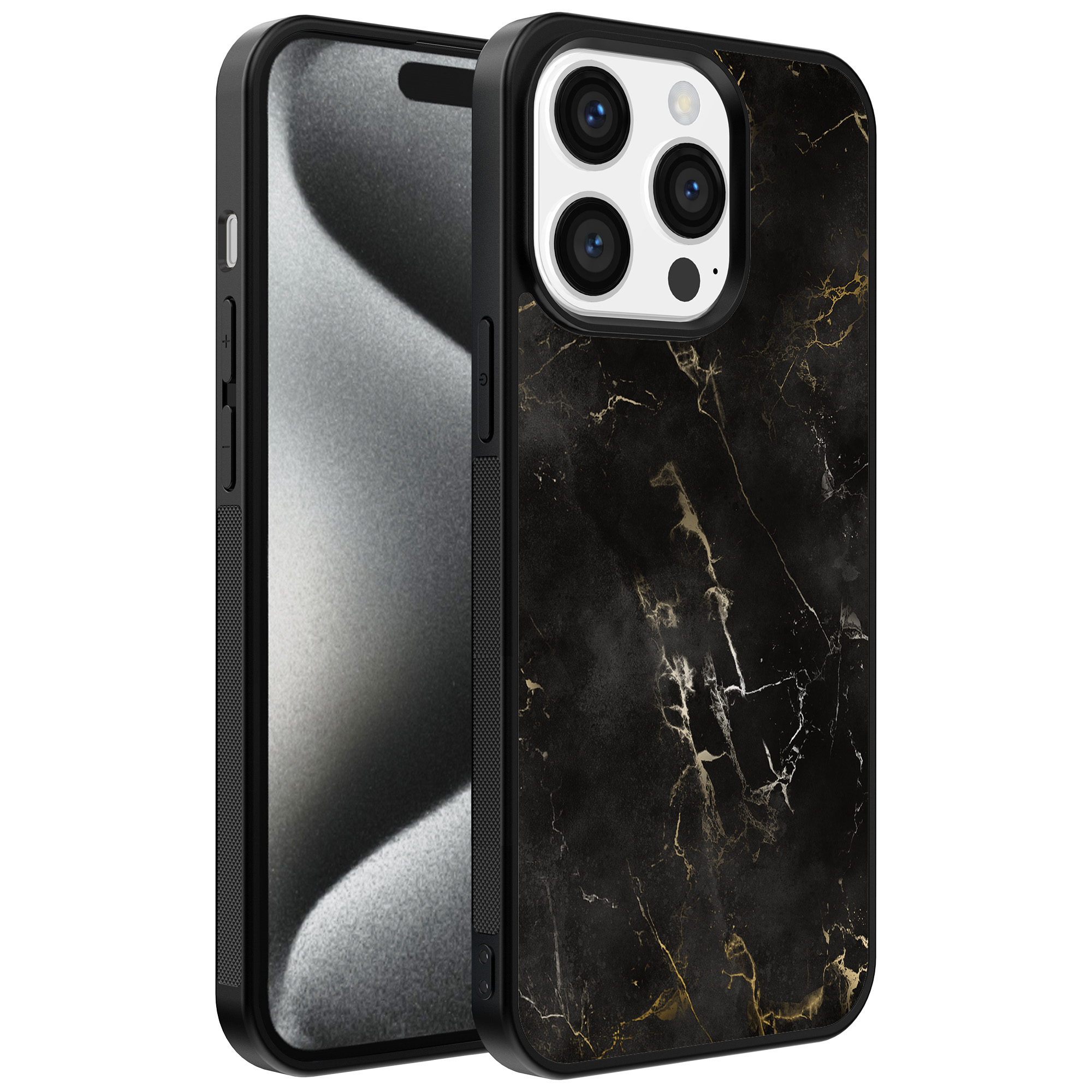 Iphone 15 Pro telefoonhoesje met zwart marmer opdruk (1)