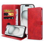 Iphone 15 leren telefoonhoesje bookcase met pasjeshouder en magnetisch lipje (1) rood