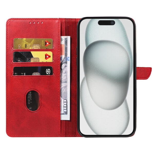 Iphone 15 leren telefoonhoesje bookcase met pasjeshouder en magnetisch lipje (2) rood