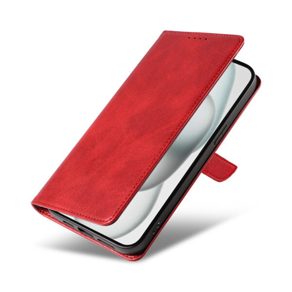 Iphone 15 leren telefoonhoesje bookcase met pasjeshouder en magnetisch lipje (4) rood