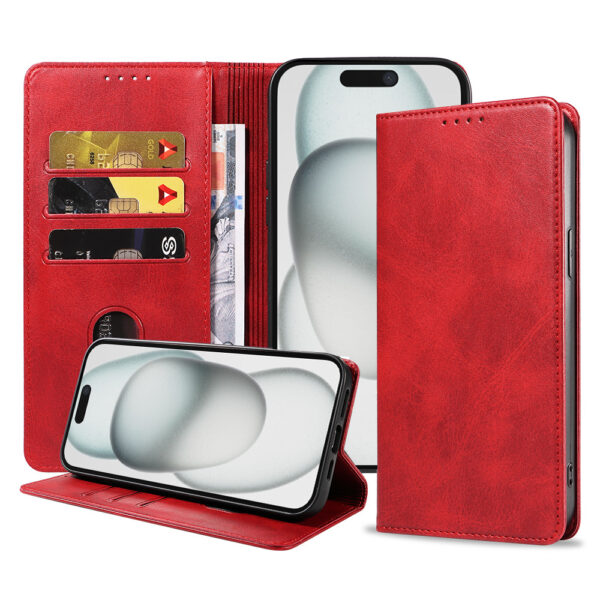 Iphone 15 leren telefoonhoesje bookcase met pasjeshouder en magnetische sluiting (1) rood
