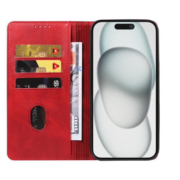 Iphone 15 leren telefoonhoesje bookcase met pasjeshouder en magnetische sluiting (2) rood