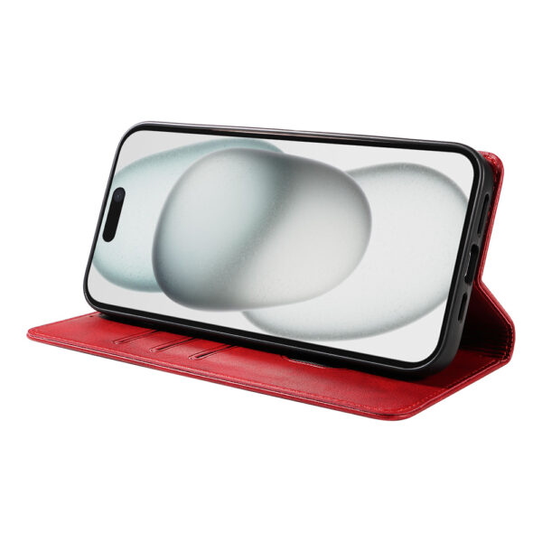 Iphone 15 leren telefoonhoesje bookcase met pasjeshouder en magnetische sluiting (3) rood