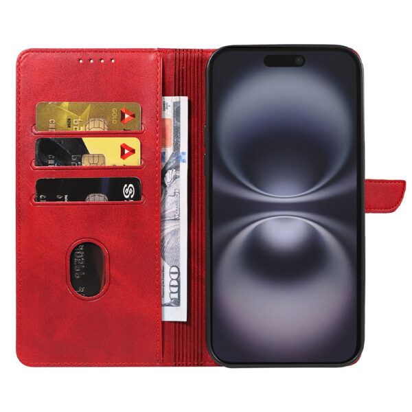 Iphone 16 Plus leren telefoonhoesje bookcase met pasjeshouder en magnetisch lipje (2) rood