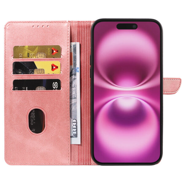 Iphone 16 Plus leren telefoonhoesje bookcase met pasjeshouder en magnetisch lipje (2) roze