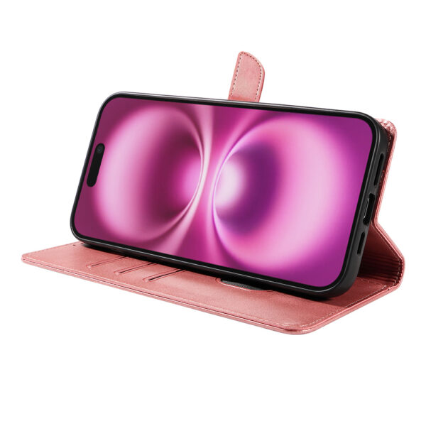 Iphone 16 Plus leren telefoonhoesje bookcase met pasjeshouder en magnetisch lipje (3) roze