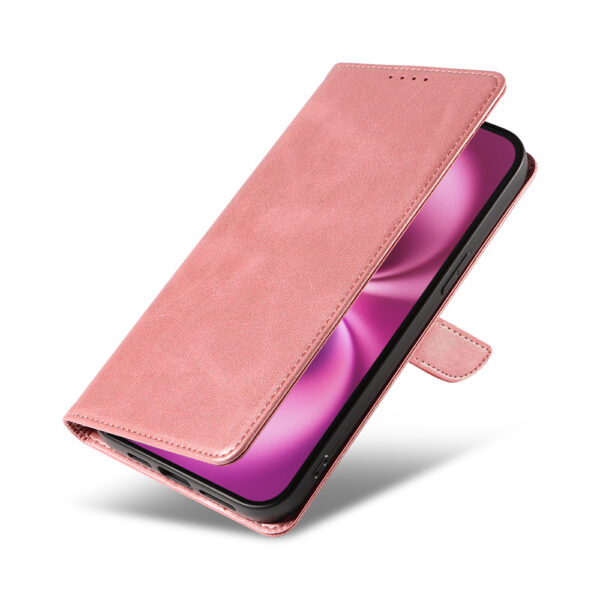 Iphone 16 Plus leren telefoonhoesje bookcase met pasjeshouder en magnetisch lipje (4) roze