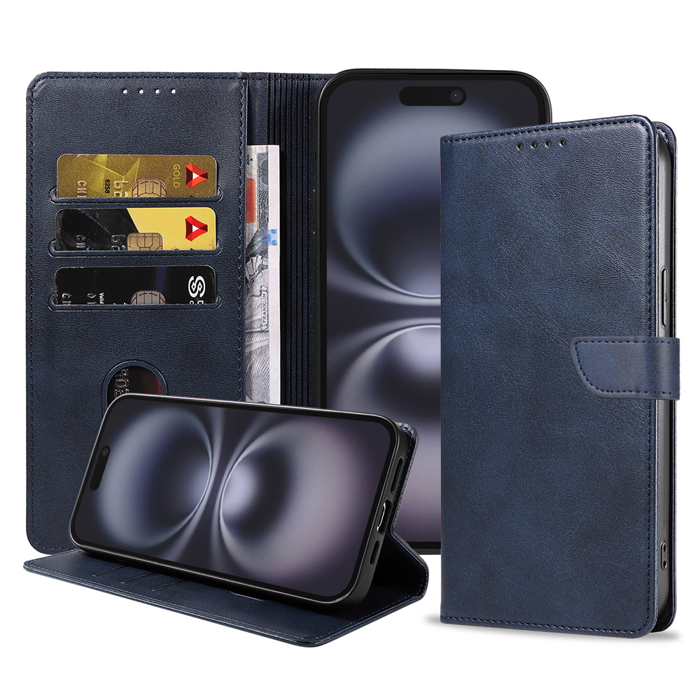 Iphone 16 Plus leren telefoonhoesje bookcase met pasjeshouder en magnetische lipje (1) blauw