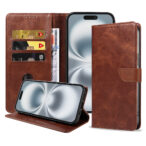 Iphone 16 Plus leren telefoonhoesje bookcase met pasjeshouder en magnetische lipje (1) donkerbruin