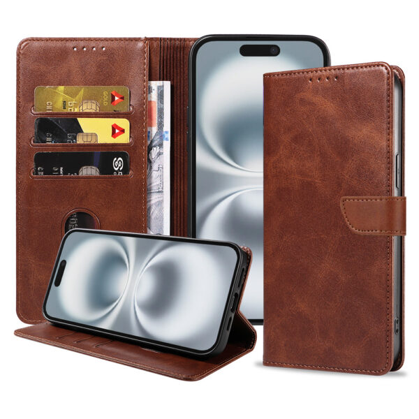 Iphone 16 Plus leren telefoonhoesje bookcase met pasjeshouder en magnetische lipje (1) donkerbruin