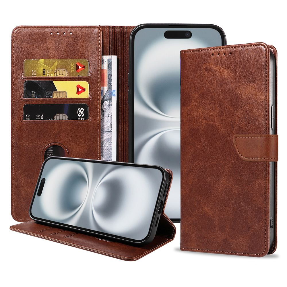 Iphone 16 Plus leren telefoonhoesje bookcase met pasjeshouder en magnetische lipje (1) donkerbruin
