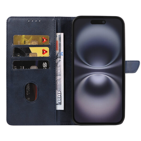 Iphone 16 Plus leren telefoonhoesje bookcase met pasjeshouder en magnetische lipje (2) blauw