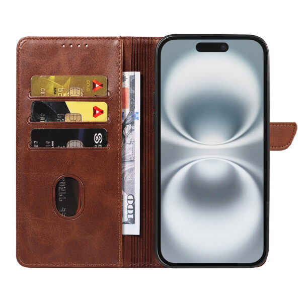 Iphone 16 Plus leren telefoonhoesje bookcase met pasjeshouder en magnetische lipje (2) donkerbruin