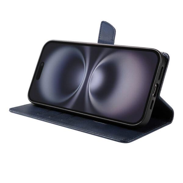 Iphone 16 Plus leren telefoonhoesje bookcase met pasjeshouder en magnetische lipje (3) blauw