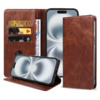 Iphone 16 Plus leren telefoonhoesje bookcase met pasjeshouder en magnetische sluiting (1) donkerbruin