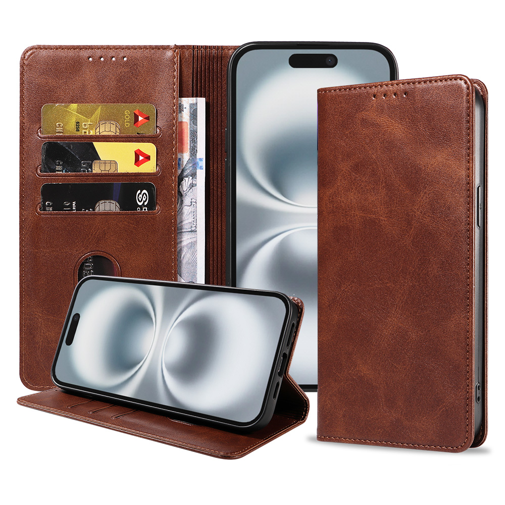 Iphone 16 Plus leren telefoonhoesje bookcase met pasjeshouder en magnetische sluiting (1) donkerbruin