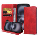 Iphone 16 Plus leren telefoonhoesje bookcase met pasjeshouder en magnetische sluiting (1) rood