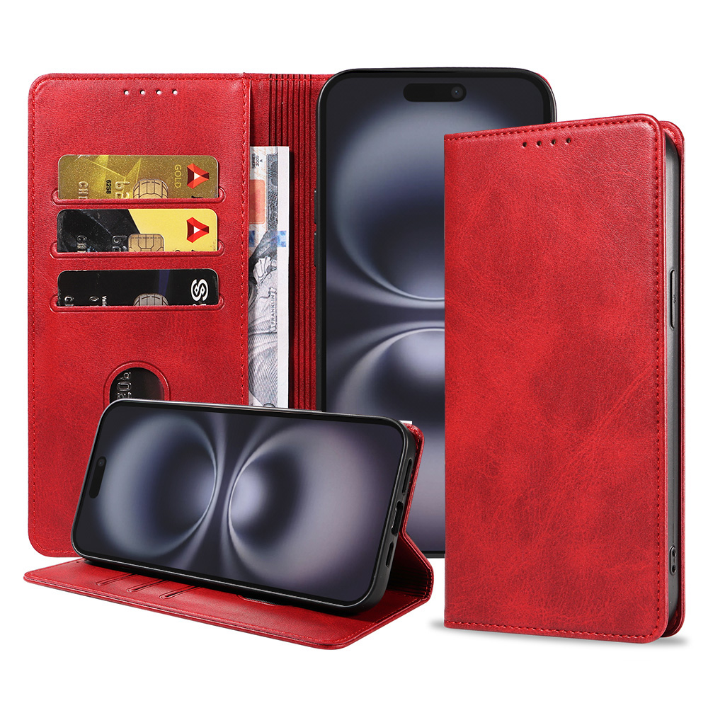 Iphone 16 Plus leren telefoonhoesje bookcase met pasjeshouder en magnetische sluiting (1) rood