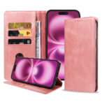 Iphone 16 Plus leren telefoonhoesje bookcase met pasjeshouder en magnetische sluiting (1) roze