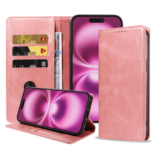 Iphone 16 Plus leren telefoonhoesje bookcase met pasjeshouder en magnetische sluiting (1) roze
