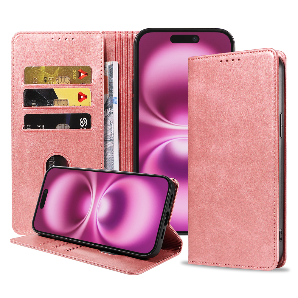 Iphone 16 Plus leren telefoonhoesje bookcase met pasjeshouder en magnetische sluiting (1) roze