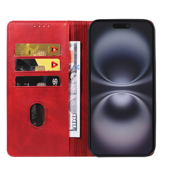Iphone 16 Plus leren telefoonhoesje bookcase met pasjeshouder en magnetische sluiting (2) rood