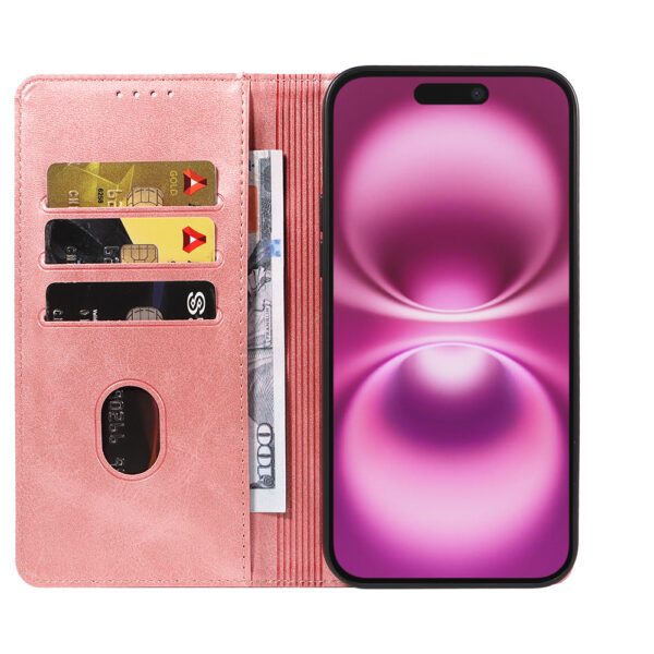 Iphone 16 Plus leren telefoonhoesje bookcase met pasjeshouder en magnetische sluiting (2) roze