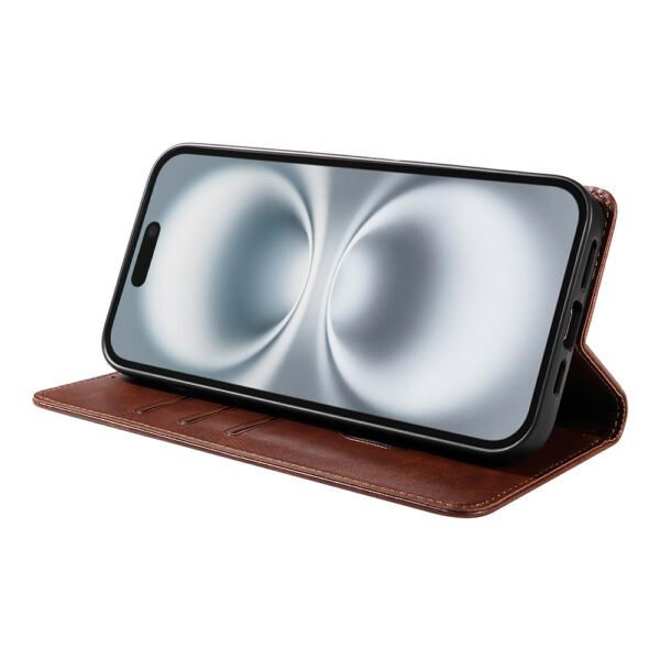 Iphone 16 Plus leren telefoonhoesje bookcase met pasjeshouder en magnetische sluiting (3) donkerbruin