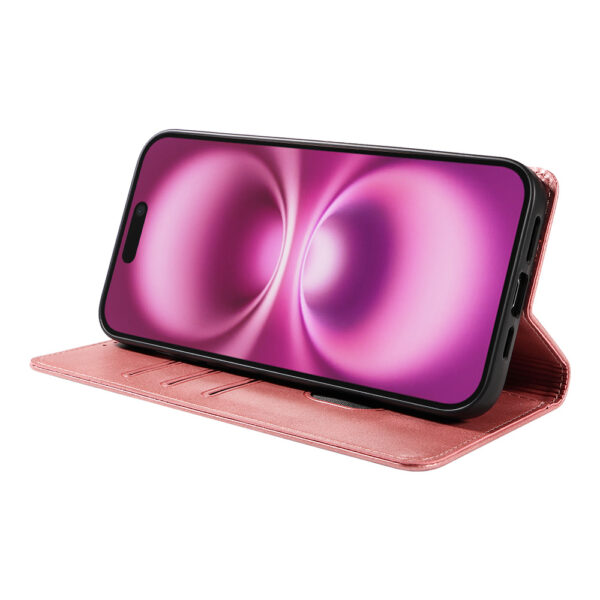 Iphone 16 Plus leren telefoonhoesje bookcase met pasjeshouder en magnetische sluiting (3) roze