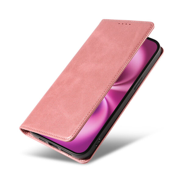 Iphone 16 Plus leren telefoonhoesje bookcase met pasjeshouder en magnetische sluiting (4) roze