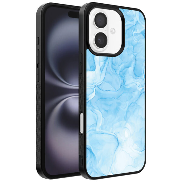 Iphone 16 Plus telefoonhoesje met lichtblauw marmer opdruk (1)