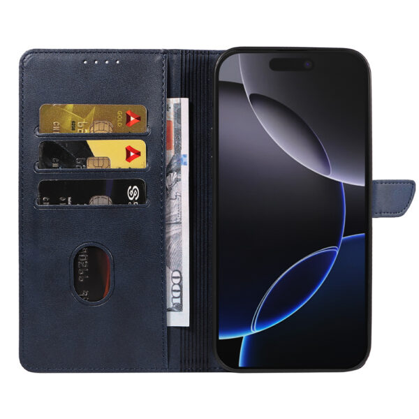 Iphone 16 Pro Max leren telefoonhoesje bookcase met pasjeshouder en magnetische lipje (2) blauw