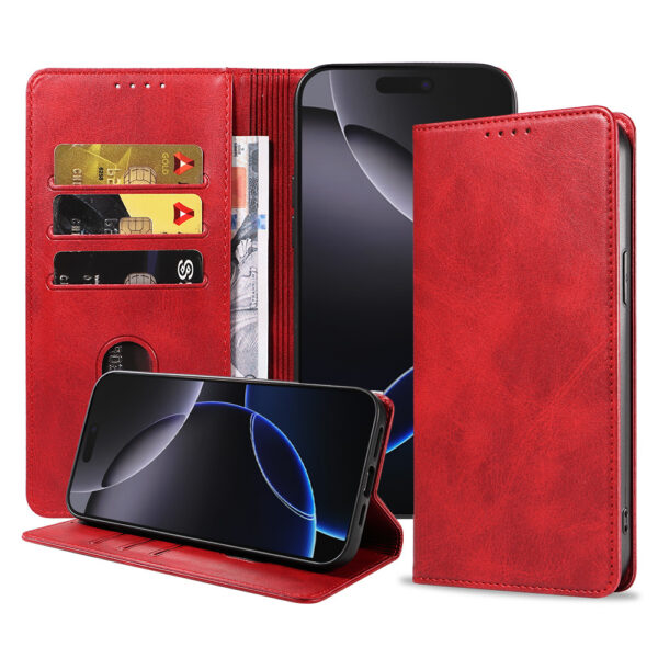 Iphone 16 Pro Max leren telefoonhoesje bookcase met pasjeshouder en magnetische sluiting (1) rood
