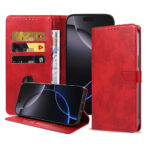 Iphone 16 Pro leren telefoonhoesje bookcase met pasjeshouder en magnetisch lipje (1) rood