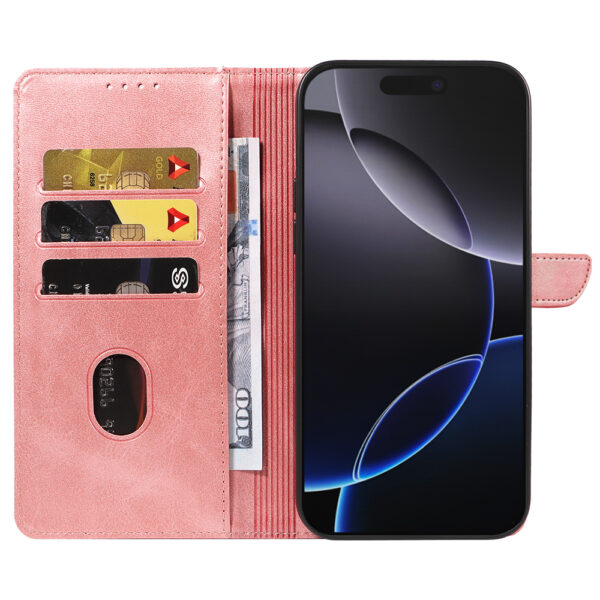 Iphone 16 Pro leren telefoonhoesje bookcase met pasjeshouder en magnetisch lipje (2) roze