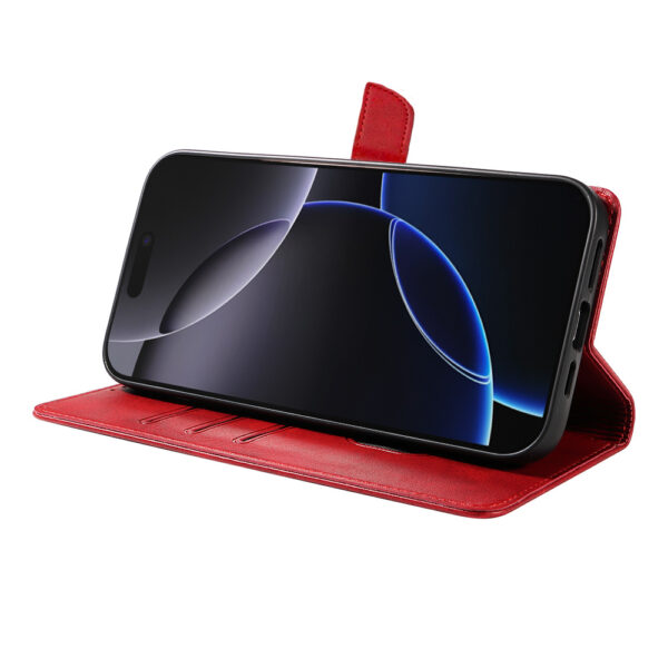 Iphone 16 Pro leren telefoonhoesje bookcase met pasjeshouder en magnetisch lipje (3) rood
