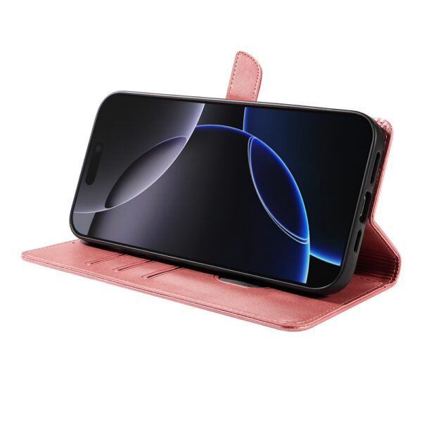 Iphone 16 Pro leren telefoonhoesje bookcase met pasjeshouder en magnetisch lipje (3) roze