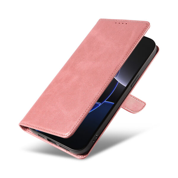 Iphone 16 Pro leren telefoonhoesje bookcase met pasjeshouder en magnetisch lipje (4) roze