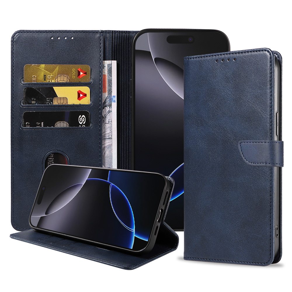 Iphone 16 Pro leren telefoonhoesje bookcase met pasjeshouder en magnetische lipje (1) blauw