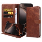 Iphone 16 Pro leren telefoonhoesje bookcase met pasjeshouder en magnetische lipje (1) donkerbruin