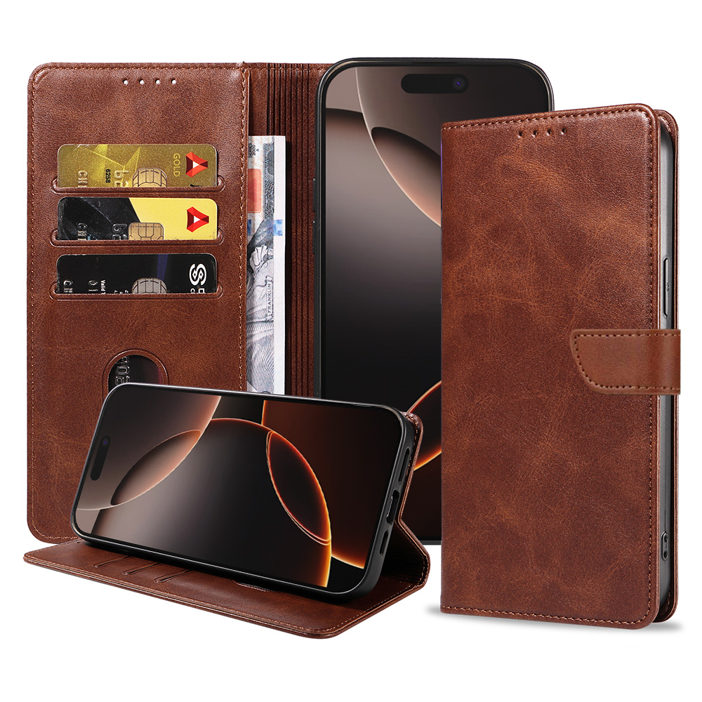 Iphone 16 Pro leren telefoonhoesje bookcase met pasjeshouder en magnetische lipje (1) donkerbruin