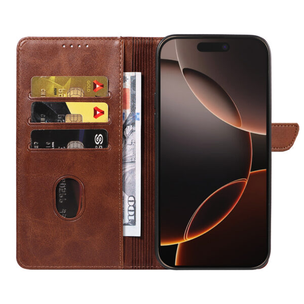 Iphone 16 Pro leren telefoonhoesje bookcase met pasjeshouder en magnetische lipje (2) donkerbruin
