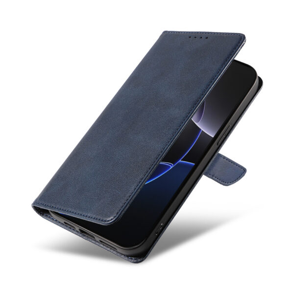 Iphone 16 Pro leren telefoonhoesje bookcase met pasjeshouder en magnetische lipje (4) blauw