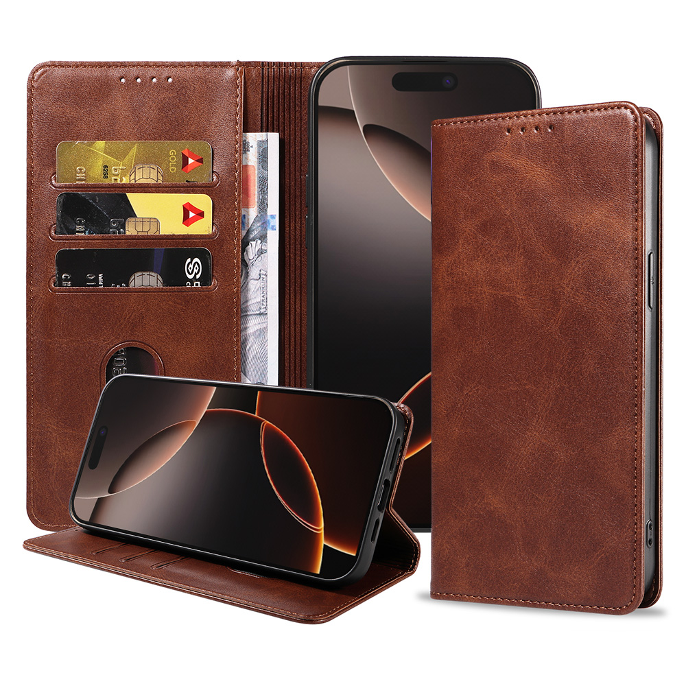 Iphone 16 Pro leren telefoonhoesje bookcase met pasjeshouder en magnetische sluiting (1) donkerbruin