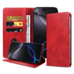 Iphone 16 Pro leren telefoonhoesje bookcase met pasjeshouder en magnetische sluiting (1) rood