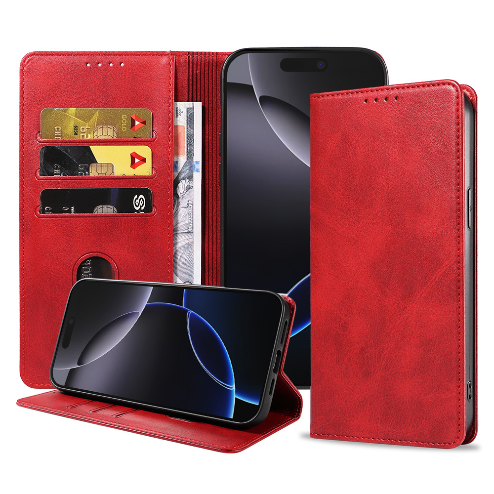Iphone 16 Pro leren telefoonhoesje bookcase met pasjeshouder en magnetische sluiting (1) rood