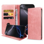 Iphone 16 Pro leren telefoonhoesje bookcase met pasjeshouder en magnetische sluiting (1) roze