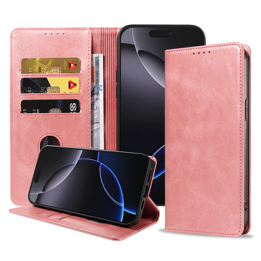 Iphone 16 Pro leren telefoonhoesje bookcase met pasjeshouder en magnetische sluiting (1) roze