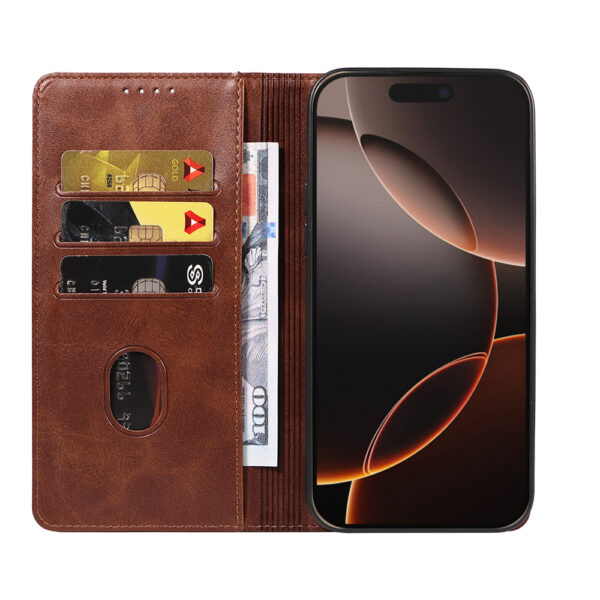 Iphone 16 Pro leren telefoonhoesje bookcase met pasjeshouder en magnetische sluiting (2) donkerbruin