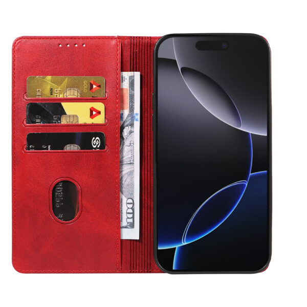 Iphone 16 Pro leren telefoonhoesje bookcase met pasjeshouder en magnetische sluiting (2) rood